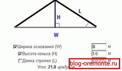 Прозорецот на онлајн калкулаторот, пресметувајќи ја висината на гребенот