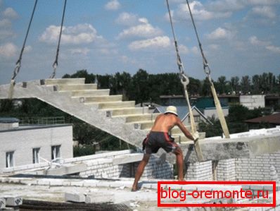 Инсталација на лет на скалите. Производот се доставува до местото за инсталација во работната позиција. Инсталација на лет на скалите. Производот се доставува до местото за инсталација во работната позиција.
