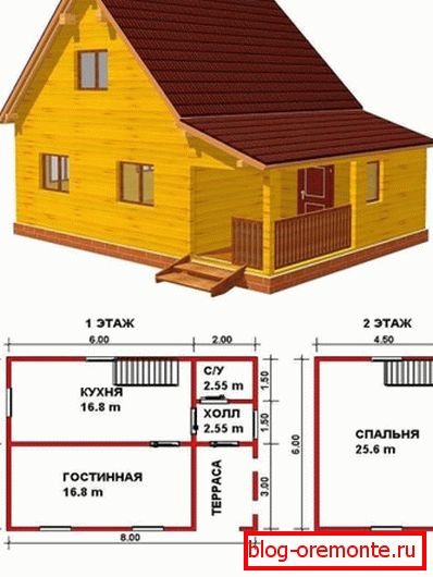 Проектот на дрвена куќа 6 * 8 со таванот Проектот на дрвена куќа 6 * 8 со таванот